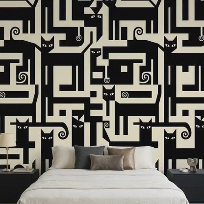 Geometric Black Cat Wallpaper, Art Deco Mural, Mid-Century Modern Accent Wall