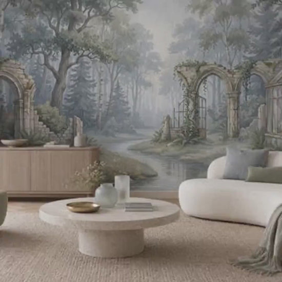 Enchanted Forest Ruins Wallpaper Mural, Sage Green Botanical Woodland Wall Decor