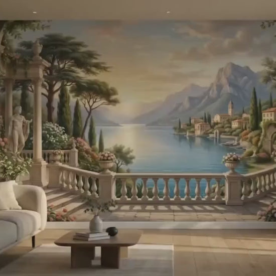 Vintage Italian Landscape Mural, Lake Como Wall Art, Old World Decor (Scenic Wall Decal)