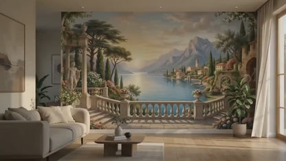Vintage Italian Landscape Mural, Lake Como Wall Art, Old World Decor (Scenic Wall Decal)