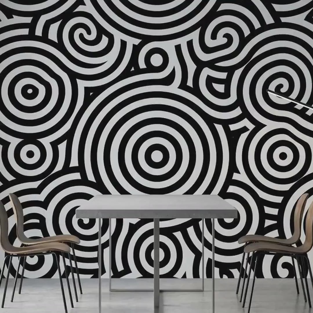 Black and White Op Art Wallpaper, Geometric Circle Mural, Modern Wall Decor