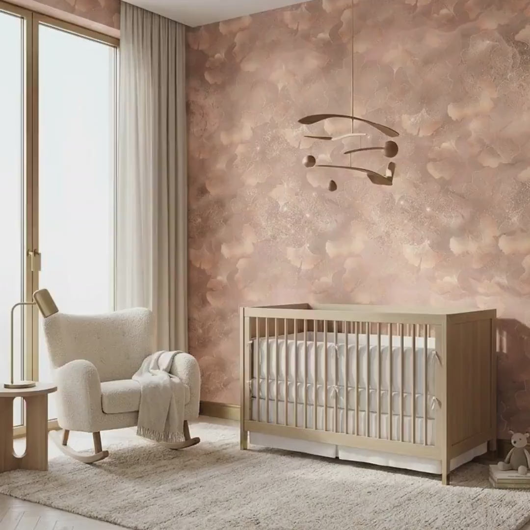 Dusty Rose Ginkgo Leaf Wallpaper, Shimmer Botanical Mural, Modern Bedroom Decor