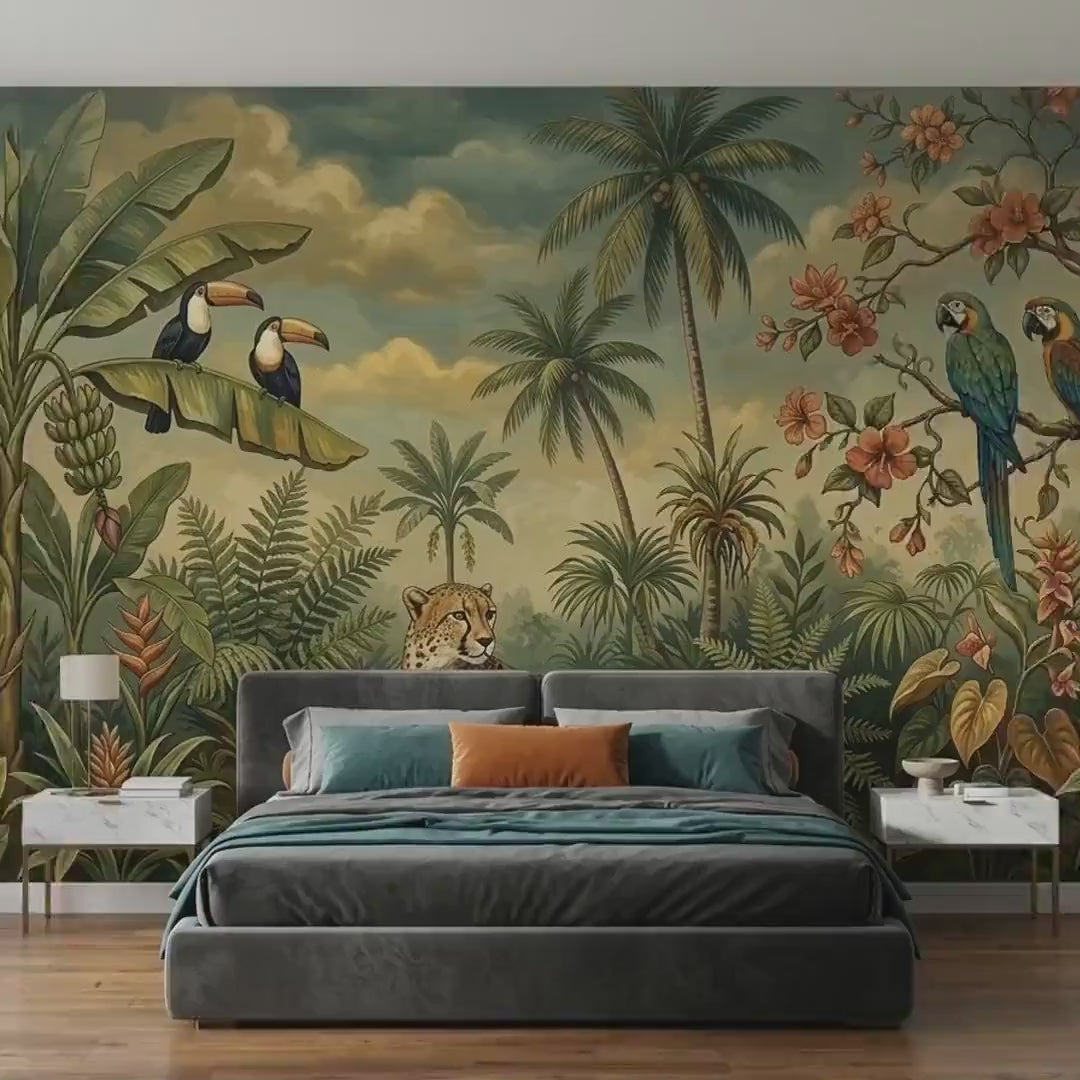 Tropical Jungle Mural Wallpaper, Cheetah, Parrots, Palm Trees, Maximalist Botanical Art