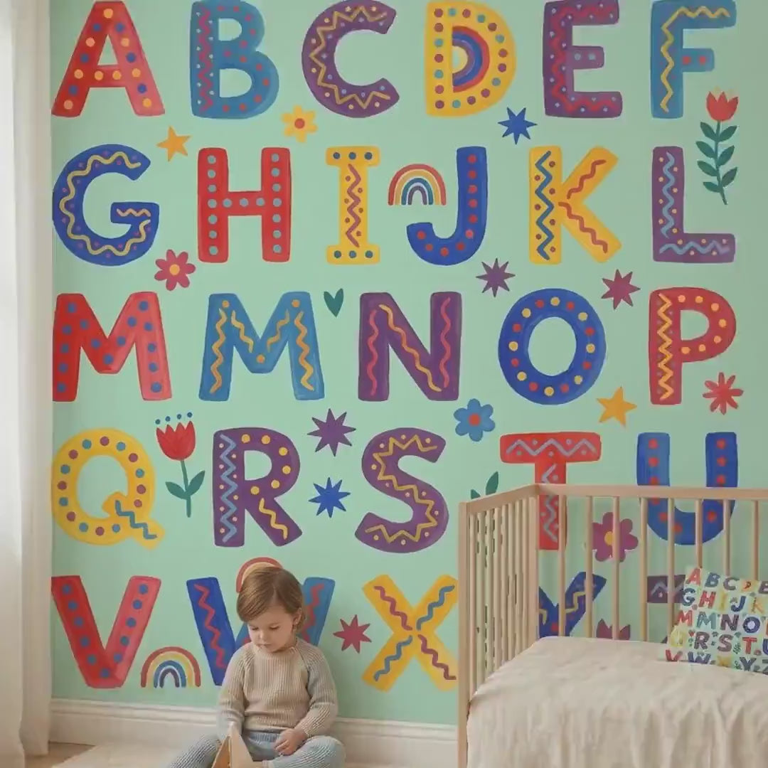 Folk Art Alphabet Mural, Mint Green Nursery Wallpaper, Montessori Playroom Decor