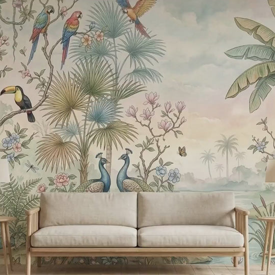 Chinoiserie Tropical Watercolor Mural Wallpaper, Peacock Jungle Art (Peel & Stick)