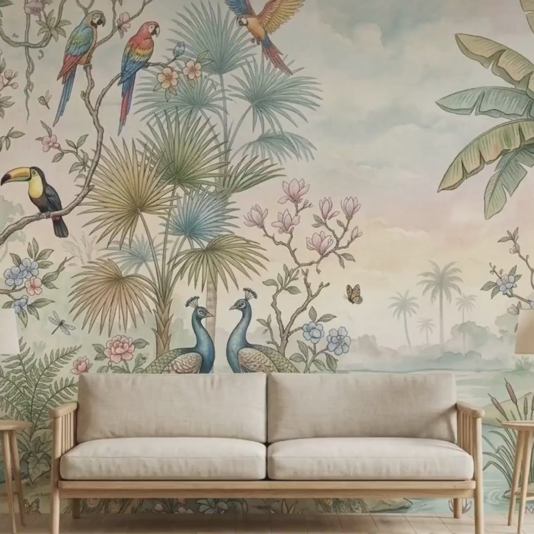 Chinoiserie Tropical Watercolor Mural Wallpaper, Peacock Jungle Art (Peel & Stick)