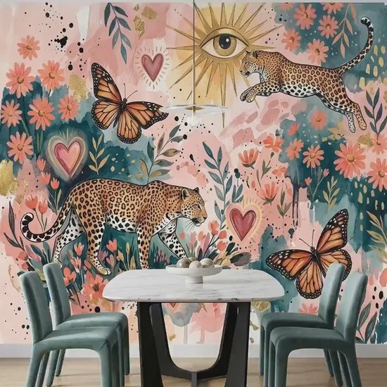 Bohemian Leopard Butterfly Floral Mural Wallpaper, Whimsical Maximalist Wall Decor, Eclectic Jungalow Art