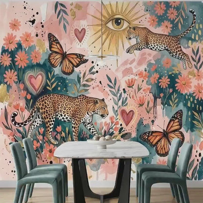 Bohemian Leopard Butterfly Floral Mural Wallpaper, Whimsical Maximalist Wall Decor, Eclectic Jungalow Art