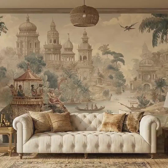 Vintage Indian Elephant Palace Mural Wallpaper, Colonial Jungle Decor (Custom Sizing)