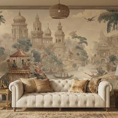 Vintage Indian Elephant Palace Mural Wallpaper, Colonial Jungle Decor (Custom Sizing)