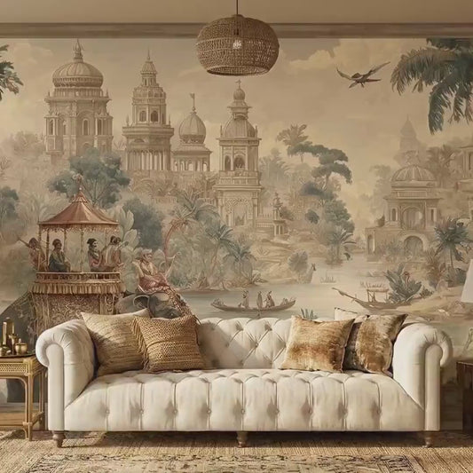 Vintage Indian Elephant Palace Mural Wallpaper, Colonial Jungle Decor (Custom Sizing)