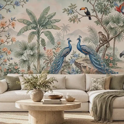 Tropical Jungle Chinoiserie Wallpaper Mural, Peacocks, Parrots, Botanical Wall Decor