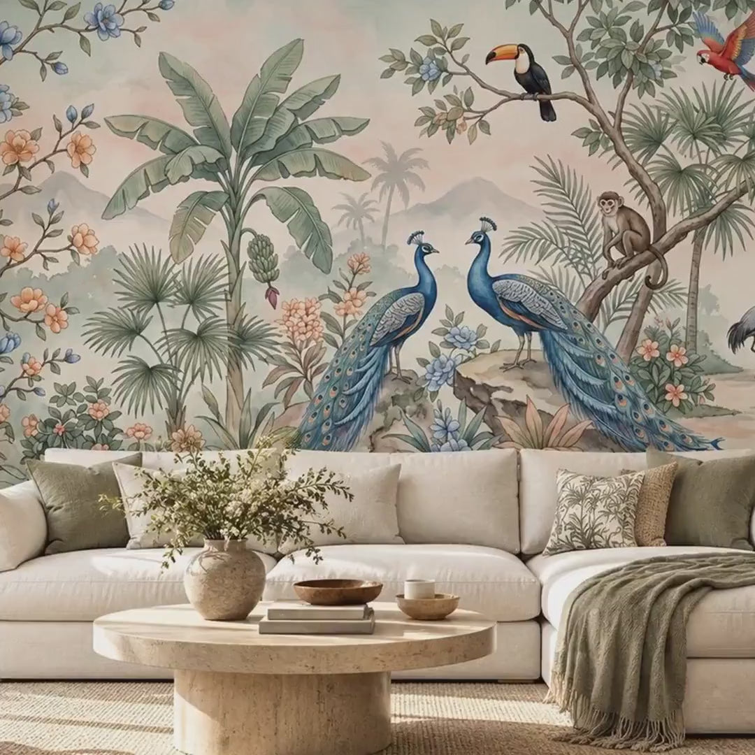 Tropical Jungle Chinoiserie Wallpaper Mural, Peacocks, Parrots, Botanical Wall Decor