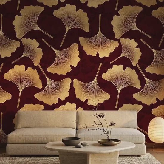 Art Deco Ginkgo Leaf Wallpaper, Burgundy Gold Botanical Mural (Custom Size)