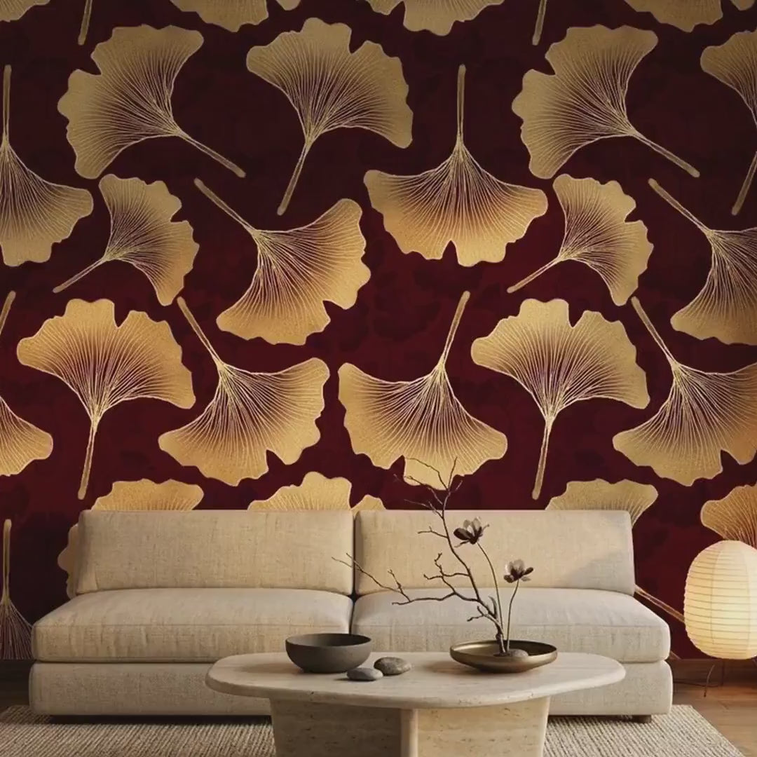 Art Deco Ginkgo Leaf Wallpaper, Burgundy Gold Botanical Mural (Custom Size)