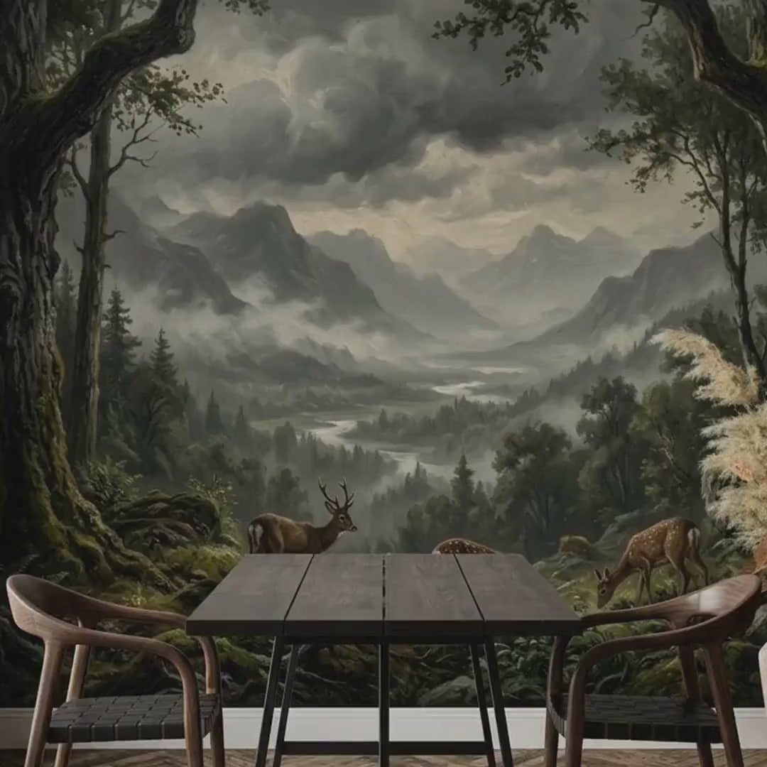 Moody Enchanted Forest Mural, Dark Academia Deer Landscape (Wallpaper)