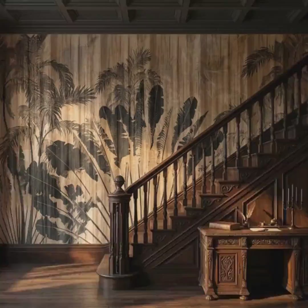 Tropical Palm Wood Grain Wallpaper Mural, Boho Neutral Jungle Accent Wall