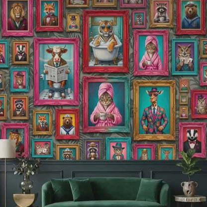 Personalized Anthropomorphic Animal Portrait Wallpaper, Maximalist Gallery Wall Decal (Custom Name)