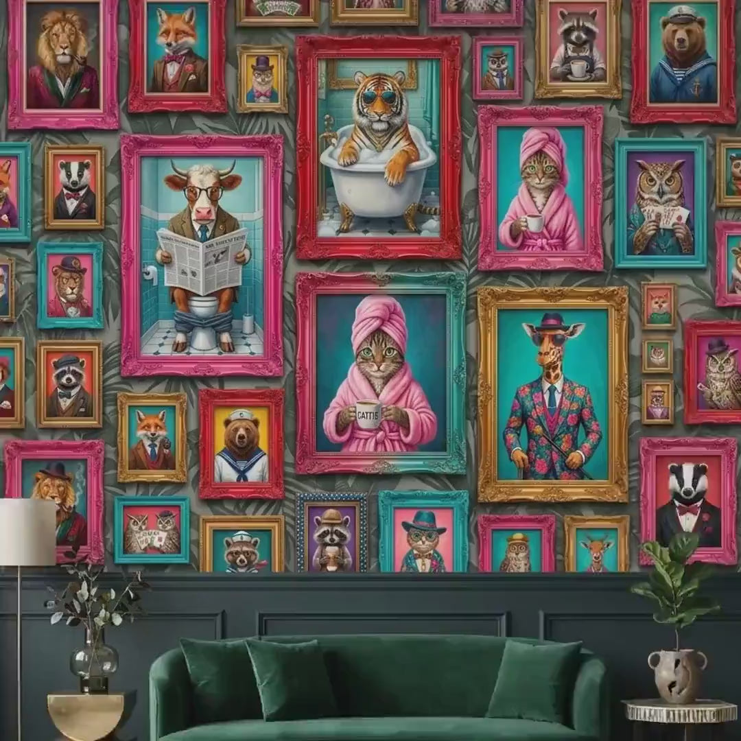 Personalized Anthropomorphic Animal Portrait Wallpaper, Maximalist Gallery Wall Decal (Custom Name)