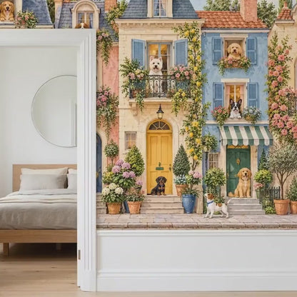 Whimsical Dog Townhouse Wall Mural, European Streetscape Wallpaper, Vintage French Pet Decor
