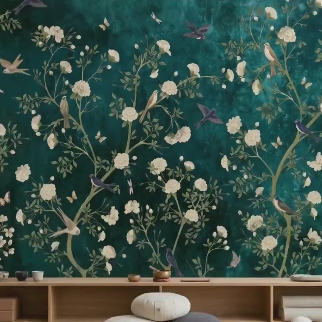 Emerald Chinoiserie Floral Bird Wallpaper Mural, Art Deco Botanical Wall Decor (Peel & Stick)