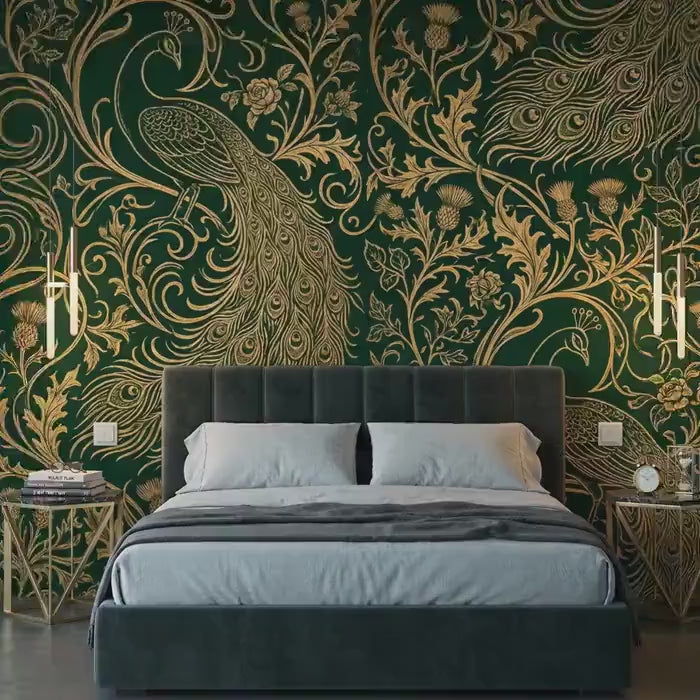 Emerald Gold Peacock Art Nouveau Wallpaper | Maximalist Victorian Floral Mural (Peel and Stick)