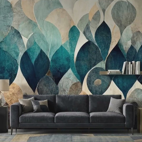 Abstract Leaf Mural Wallpaper, Teal Boho Floral Wall Decor (Large Scale)