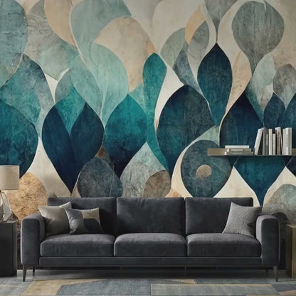 Abstract Leaf Mural Wallpaper, Teal Boho Floral Wall Decor (Large Scale)