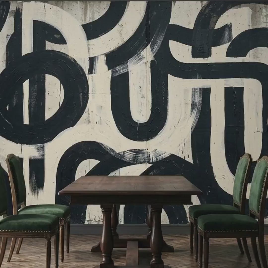 Abstract Black Brushstroke Wallpaper, Modern Industrial Mural, Textured Cream Background