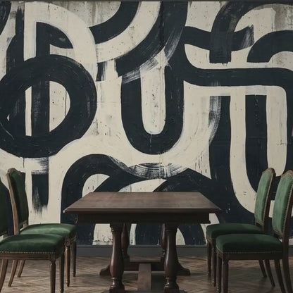 Abstract Black Brushstroke Wallpaper, Modern Industrial Mural, Textured Cream Background