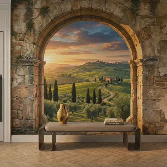 Tuscan Arch Window Mural | Rolling Hills Mediterranean Landscape Wallpaper