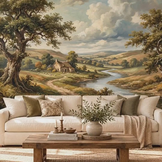Vintage Pastoral Landscape Oil Painting Wall Mural, Antique Countryside Wallpaper (Nature Inspired Decor)