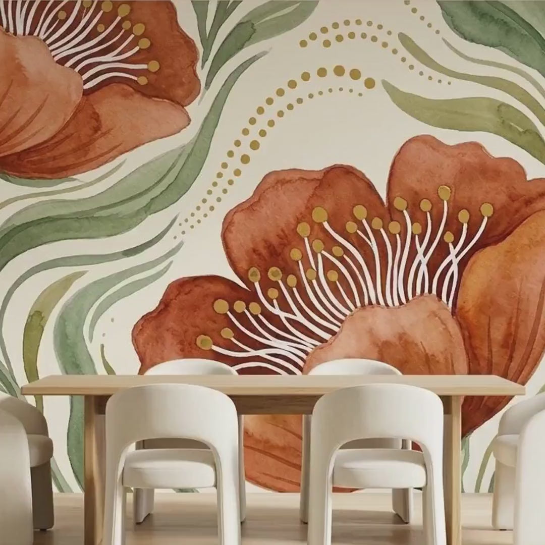 Watercolor Floral Wallpaper Mural, Terracotta Bloom, Art Nouveau Botanical Decal