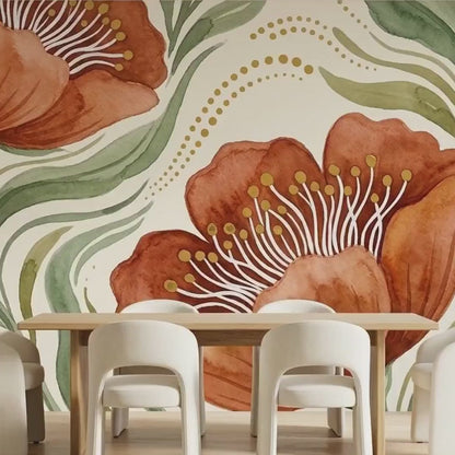 Watercolor Floral Wallpaper Mural, Terracotta Bloom, Art Nouveau Botanical Decal