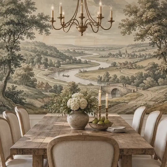 Vintage Pastoral Landscape Wallpaper, French Country Watercolor Mural (Custom Sizing)