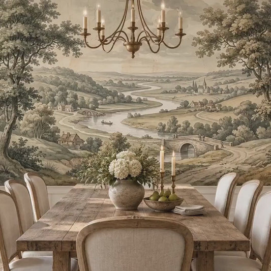 Vintage Pastoral Landscape Wallpaper, French Country Watercolor Mural (Custom Sizing)