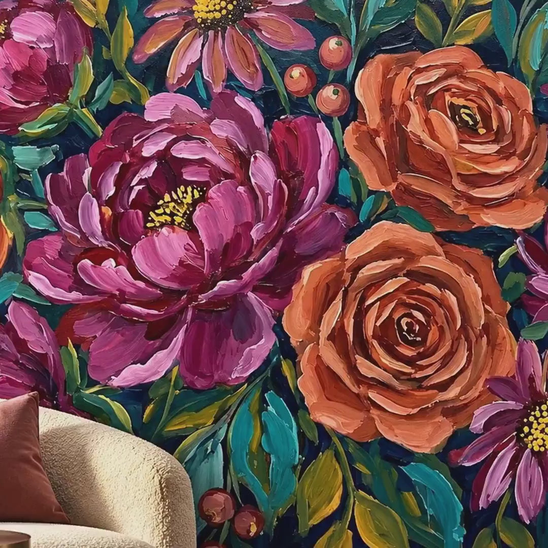 Impressionist Oil Paint Floral Mural, Dark Teal Moody Wallpaper, Maximalist Home Decor