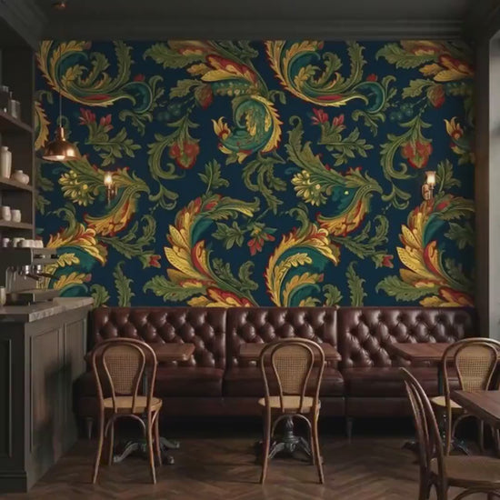 Baroque Acanthus Teal Wallpaper, Ornate Vintage Floral Mural, Dark Academia Home Decor