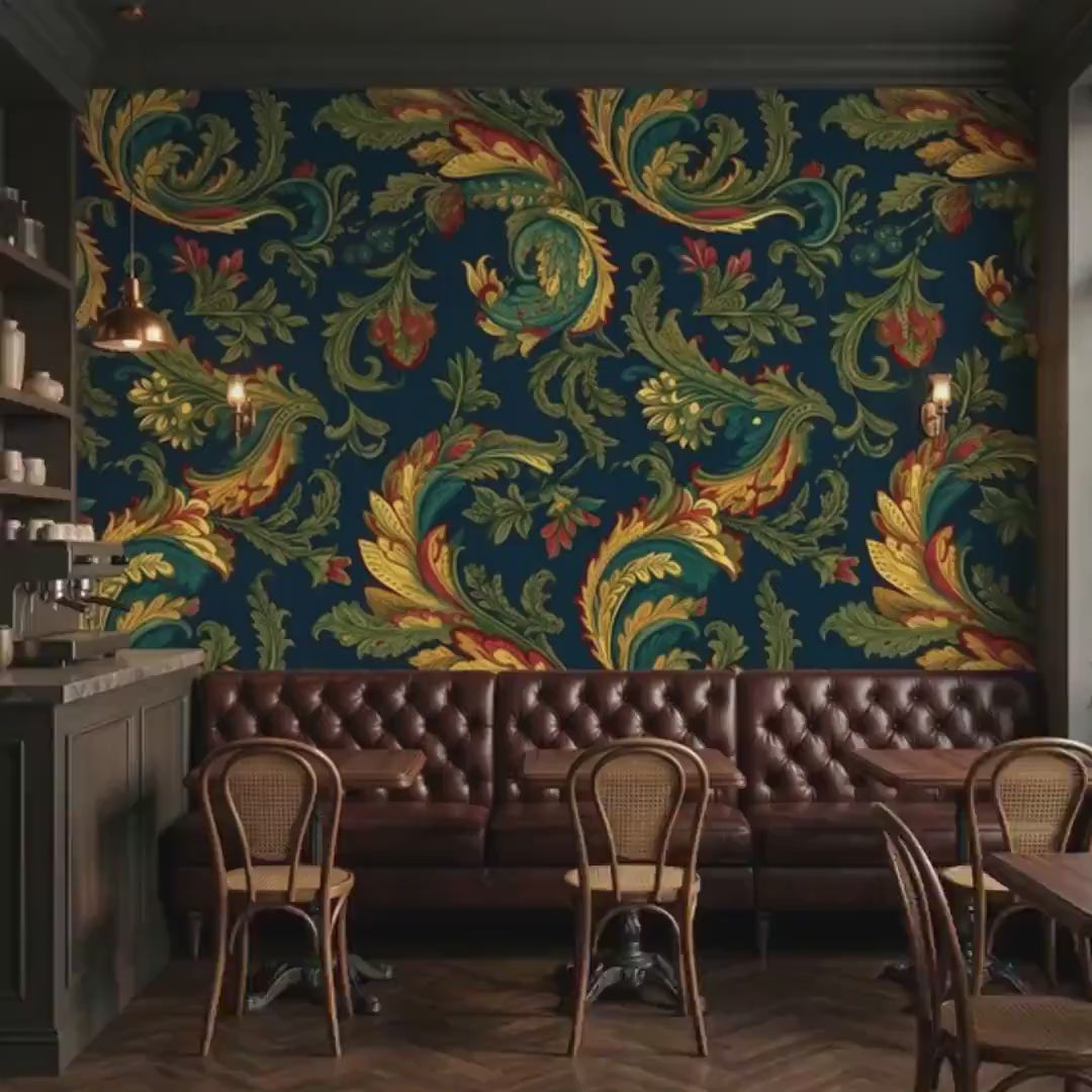 Baroque Acanthus Teal Wallpaper, Ornate Vintage Floral Mural, Dark Academia Home Decor
