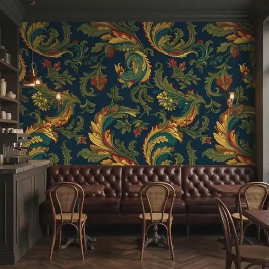 Baroque Acanthus Teal Wallpaper, Ornate Vintage Floral Mural, Dark Academia Home Decor