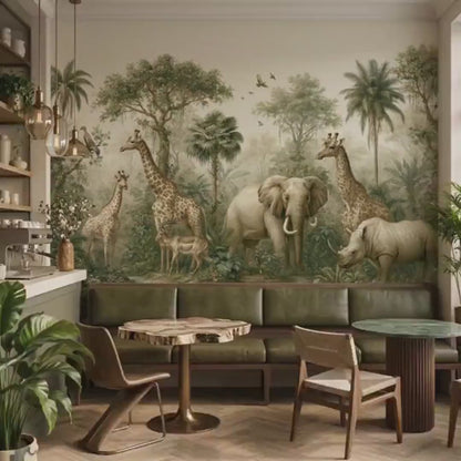 Vintage Safari Jungle Mural, Botanical Elephant Giraffe Wallpaper, Nursery Tropical Art