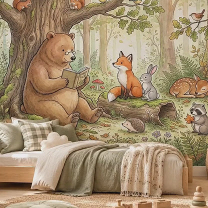 Woodland Storybook Forest Mural Watercolor Animal Wallpaper, Whimsical Nursery Decor, Enchanted Forest Wall Art