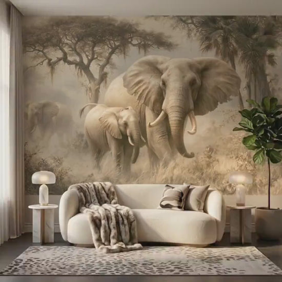 Vintage Elephant Savanna Wallpaper Mural, Neutral Wildlife Nursery Wall Decor