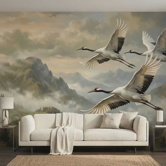 Japanese Crane Mountain Oil Painting Wallpaper, Chinoiserie Nature Wall Mural