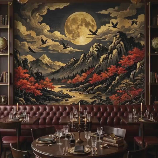 Japanese Landscape Wall Mural, Ukiyo-e Moon Crane Mountain Scene (Peel & Stick)