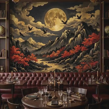 Japanese Landscape Wall Mural, Ukiyo-e Moon Crane Mountain Scene (Peel & Stick)