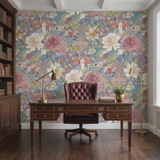 Floral Cross Wallpaper Mural, Vintage Christian Wall Decor, Shabby Chic Floral Design