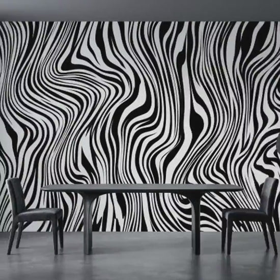 Black and White Wavy Wallpaper, Abstract Line Mural, Retro Psychedelic Wall Decor