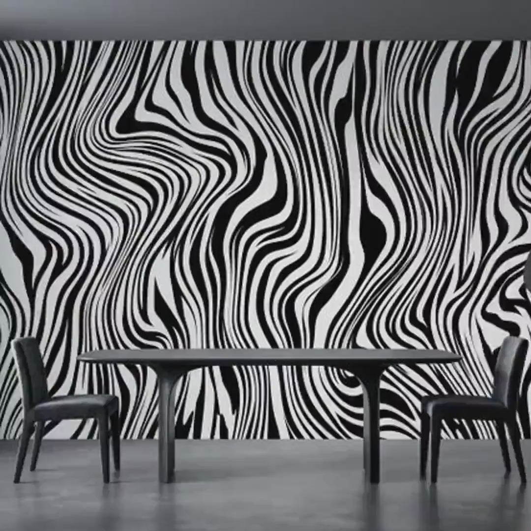 Black and White Wavy Wallpaper, Abstract Line Mural, Retro Psychedelic Wall Decor