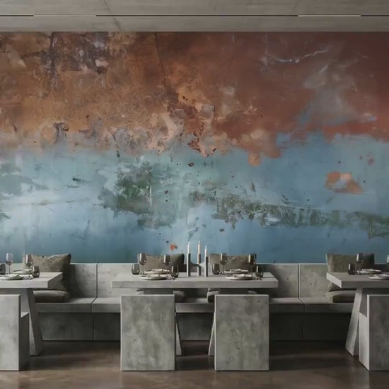 Abstract Industrial Wall Mural, Weathered Copper Blue Art, Rustic Concrete Decor